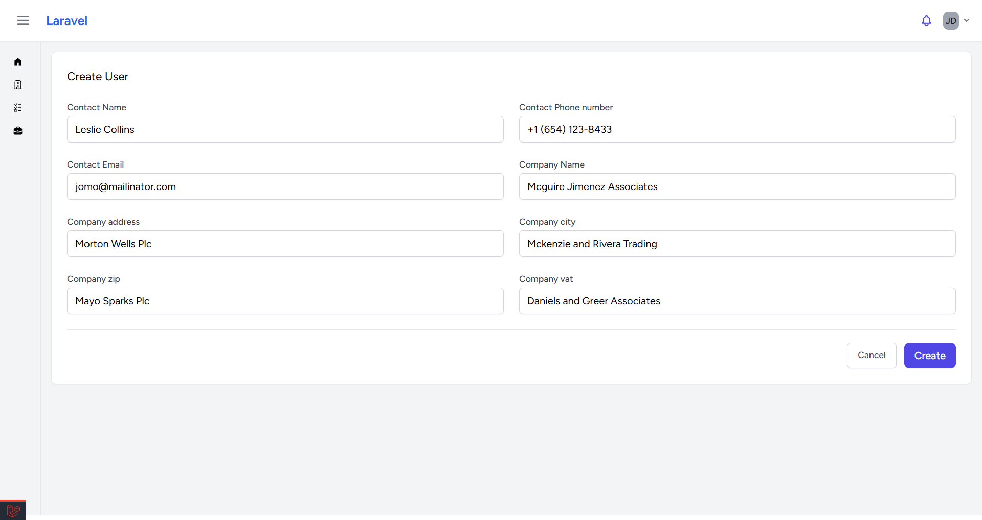 New client onboarding form designed for rapid entry of company and point-of-contact data.