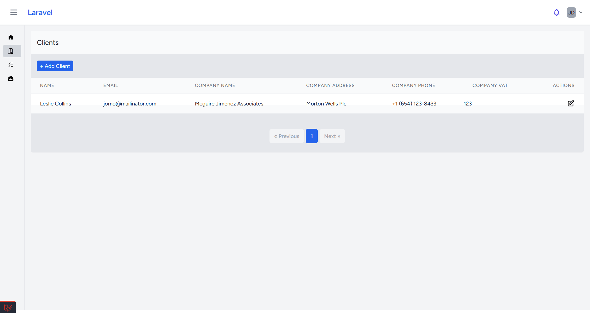 Centralized client directory providing quick access to company contact information and billing details.