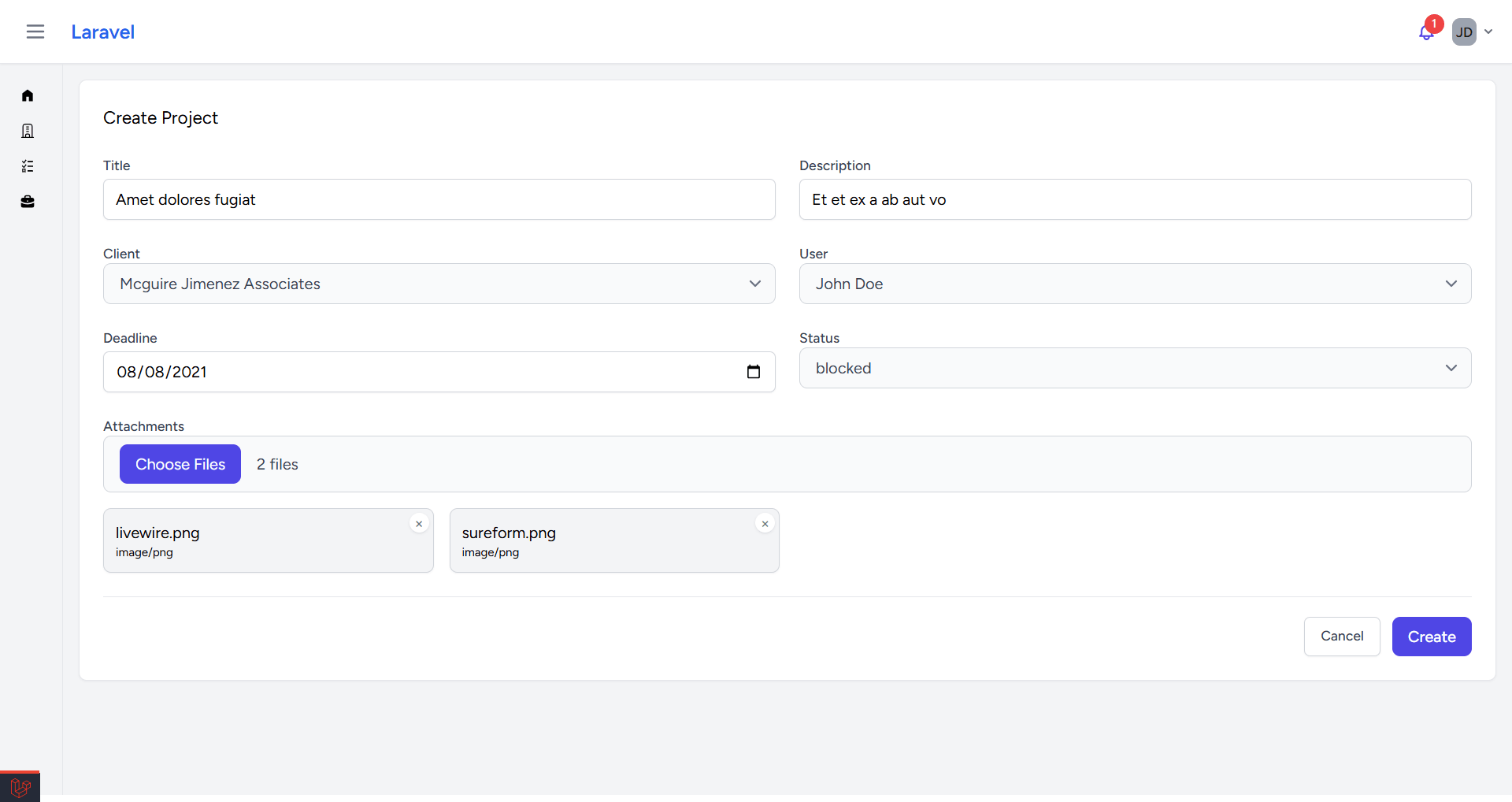 Streamlined project creation interface with integrated file uploading and client-user mapping.
