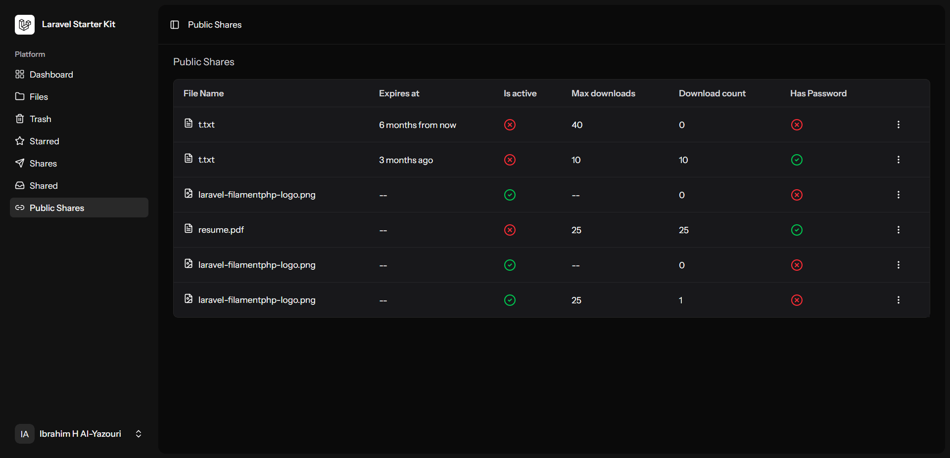 Comprehensive share management system for monitoring active links, expiration statuses, and download counts.