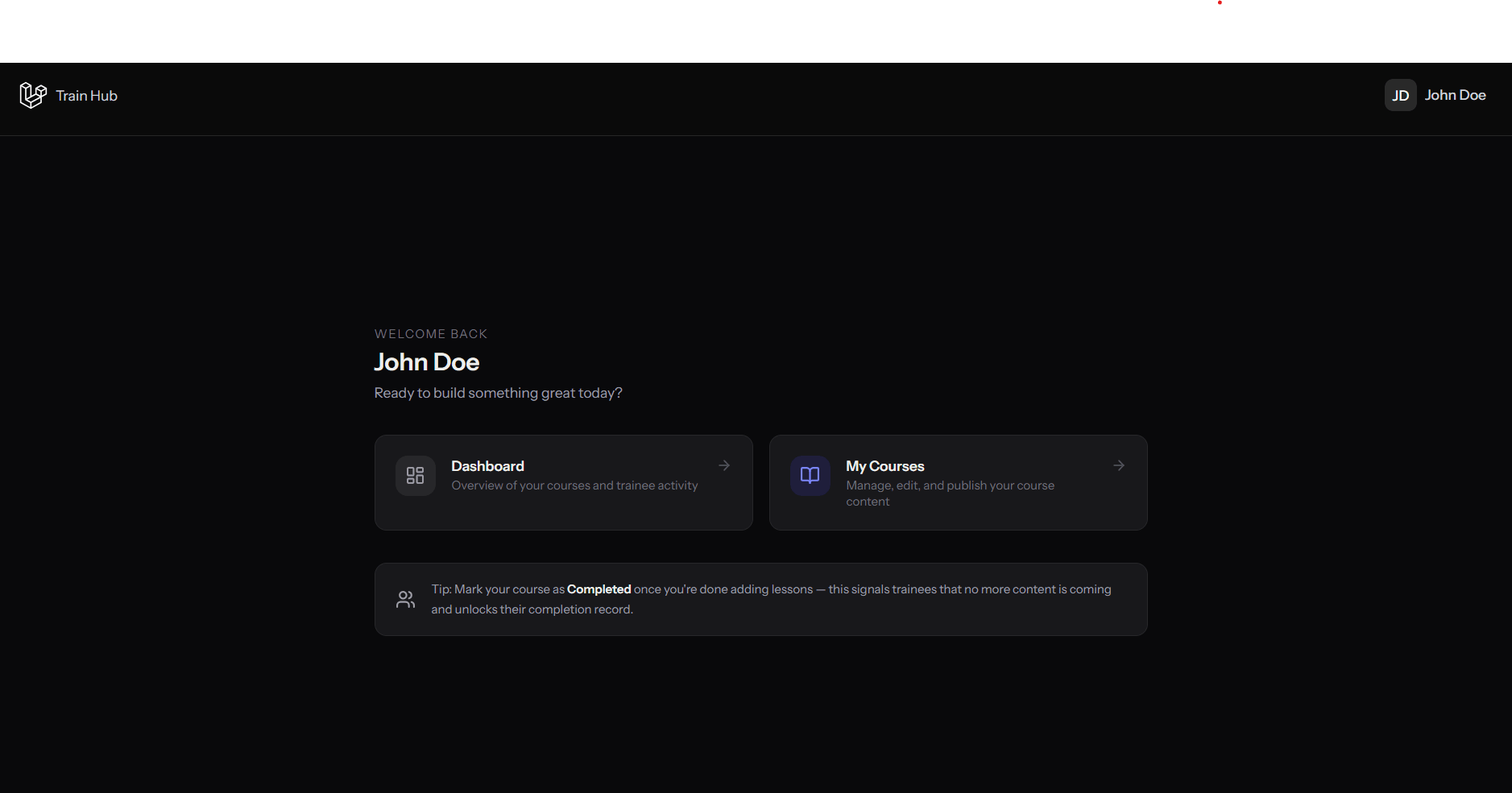 Trainer home screen with quick-start course builder CTA