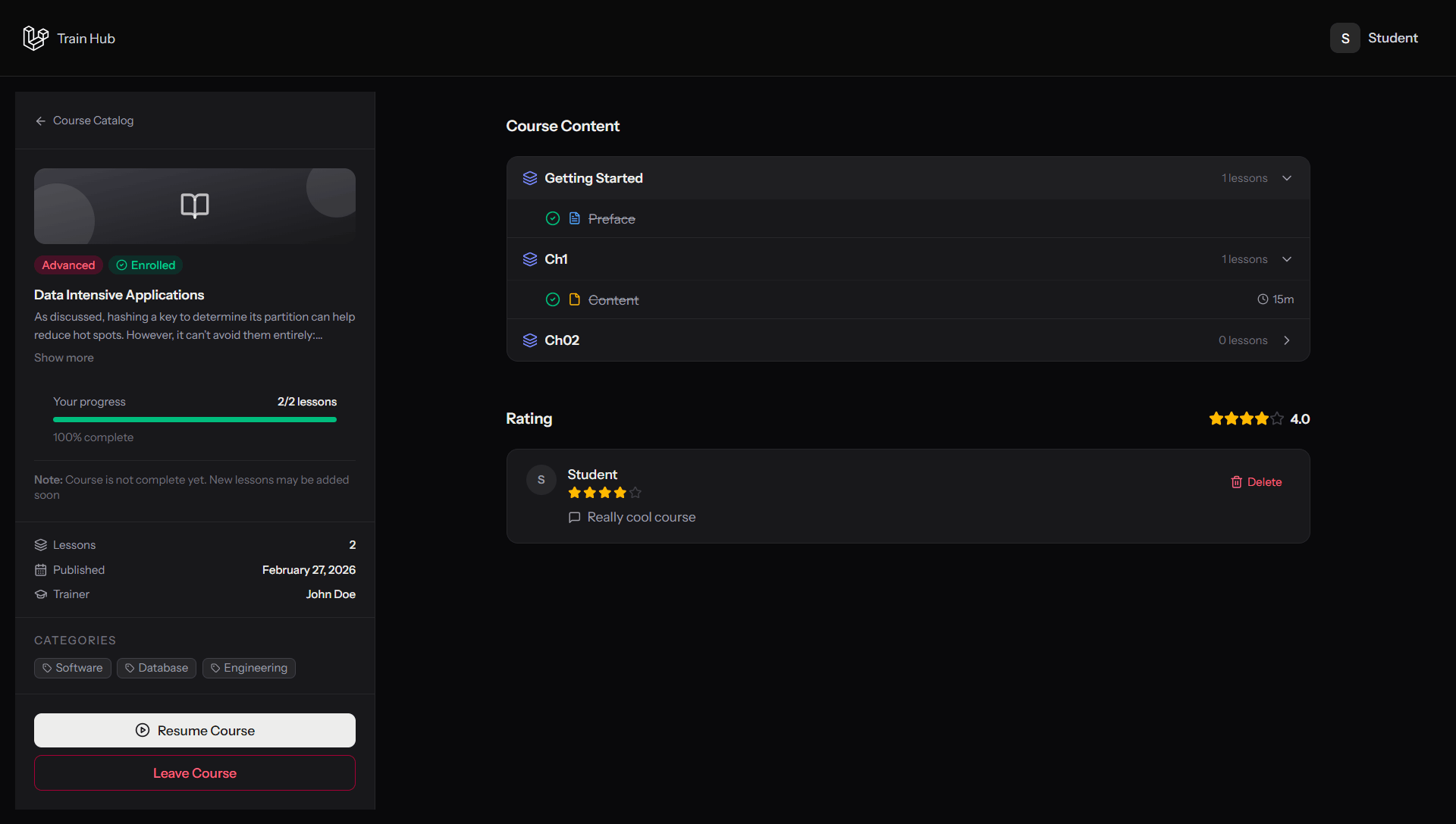 Course viewer with categorical filters and per-lesson completion tracking