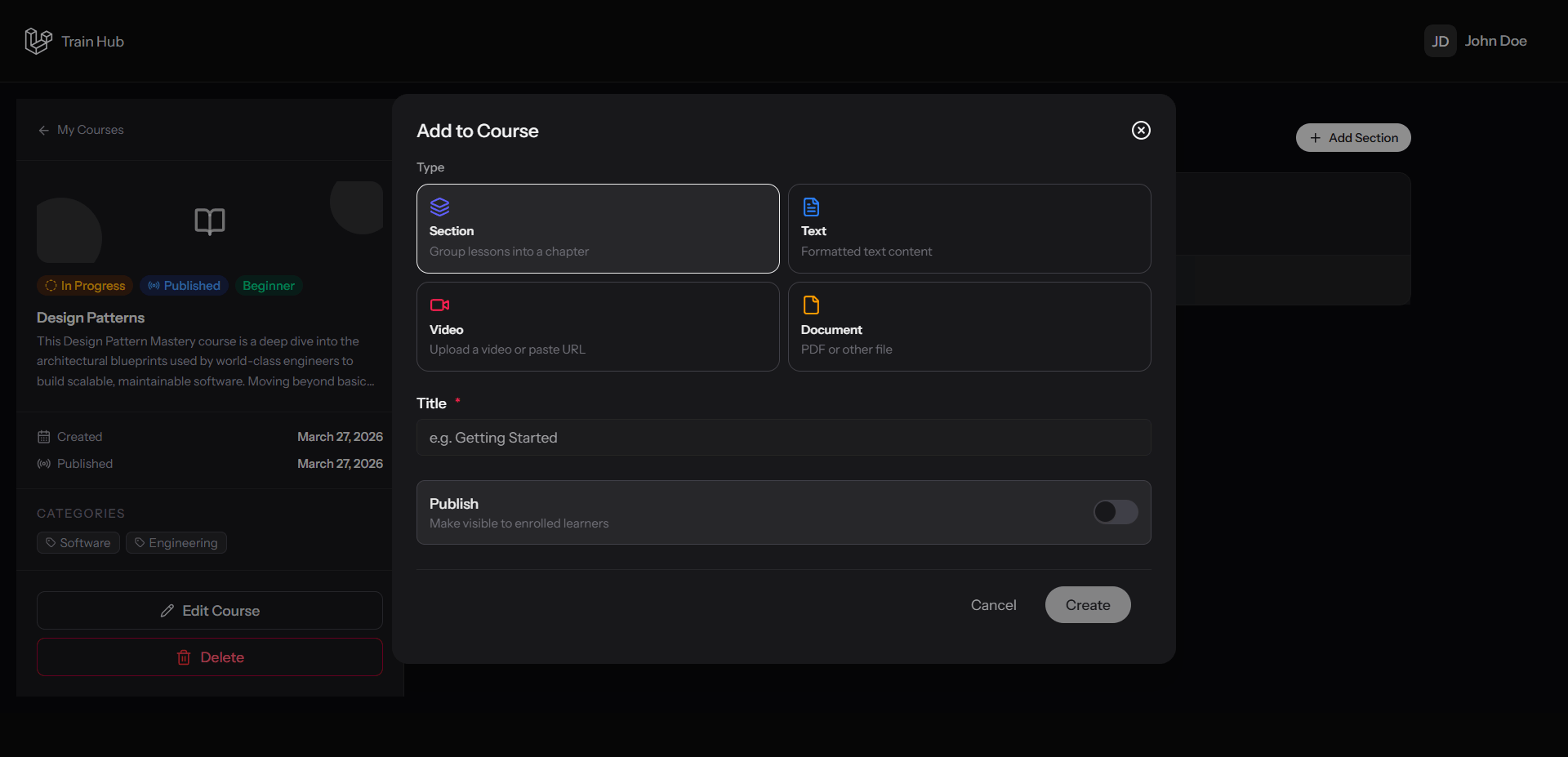 Course editor — sections, lessons, video modules and document uploads