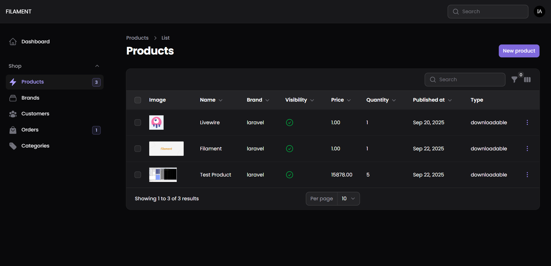 Dynamic product management table for controlling inventory, pricing, and digital asset visibility.
